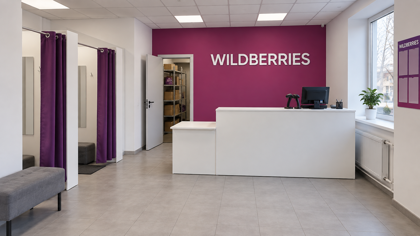 Иллюстрация интерьера пункта выдачи Wildberries: стойка получения заказов и примерочные